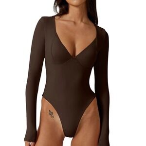 QINSEN Womens XL Long Sleeve Bodysuit V-Neck & Seamed Cups Thong Cut 90's Brown